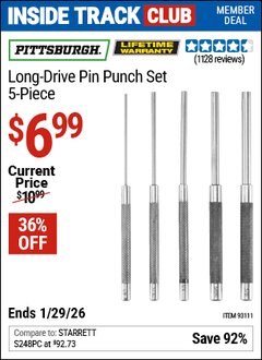Harbor Freight ITC Coupon PITTSBURGH LONG DRIVE PIN PUNCH SET, 5 PIECE Lot No. 93111 Dates Valid: 12/31/69 - 1/29/26 - $6.99