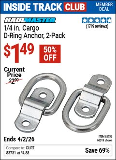 Harbor Freight Coupon HAUL-MASTER 1/4 IN. CARGO D-RING ANCHOR, 2-PACK Lot No. 60319/62756 Valid: 12/31/69 - 4/2/26 - $1.49