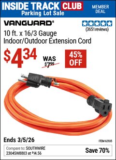 Harbor Freight ITC Coupon VANGUARD 10 FT. X 16/3 GAUGE INDOOR/OUTDOOR EXTENSION CORD, ORANGE Lot No. 62935/62936 Expired: 3/5/26 - $4.34
