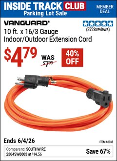 Harbor Freight ITC Coupon VANGUARD 10 FT. X 16/3 GAUGE INDOOR/OUTDOOR EXTENSION CORD, ORANGE Lot No. 62935/62936 Expired: 6/4/26 - $4.79