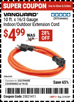 Harbor Freight Coupon VANGUARD 10 FT. X 16/3 GAUGE INDOOR/OUTDOOR EXTENSION CORD, ORANGE Lot No. 62935/62936 Valid Thru: 2/16/26 - $4.99