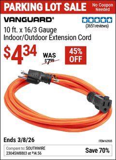 Harbor Freight Coupon VANGUARD 10 FT. X 16/3 GAUGE INDOOR/OUTDOOR EXTENSION CORD, ORANGE Lot No. 62935/62936 Expired: 3/8/26 - $4.34