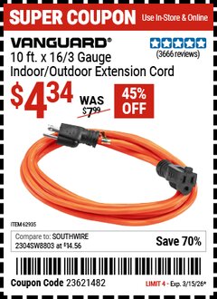 Harbor Freight Coupon VANGUARD 10 FT. X 16/3 GAUGE INDOOR/OUTDOOR EXTENSION CORD, ORANGE Lot No. 62935/62936 Expired: 3/15/26 - $4.34
