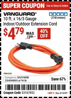 Harbor Freight Coupon VANGUARD 10 FT. X 16/3 GAUGE INDOOR/OUTDOOR EXTENSION CORD, ORANGE Lot No. 62935/62936 Expired: 6/14/26 - $4.79