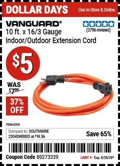 Harbor Freight Coupon VANGUARD 10 FT. X 16/3 GAUGE INDOOR/OUTDOOR EXTENSION CORD, ORANGE Lot No. 62935/62936 Expired: 8/26/26 - $5