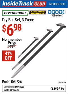 Harbor Freight Coupon PITTSBURGH PRY BAR SET, 3-PIECE Lot No. 68339 Valid: 12/31/69 - 10/1/26 - $6.98