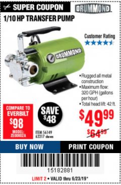 Harbor Freight Coupon 1/10 HP TRANSFER PUMP Lot No. 56149/63317 Expired: 6/30/19 - $49.99