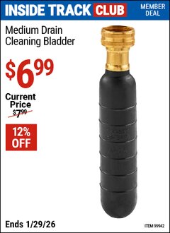 Harbor Freight ITC Coupon MEDIUM DRAIN CLEANING BLADDER Lot No. 99942 Dates Valid: 12/31/69 - 1/29/26 - $6.99