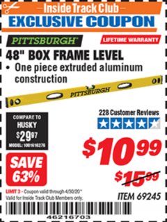 Harbor Freight ITC Coupon 48" BOX FRAME LEVEL Lot No. 92994/69245 Expired: 4/30/20 - $10.99