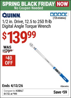 Harbor Freight Coupon QUINN 1/2 IN. DRIVE, 12.5 TO 250 FT-LB DIGITAL ANGLE TORQUE WRENCH Lot No. 64916 Expired: 4/12/26 - $139.99