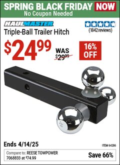 Harbor Freight Coupon HAUL-MASTER TRIPLE-BALL TRAILER HITCH Lot No. 64286 Expired: 4/14/25 - $24.99