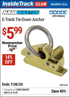 Harbor Freight ITC Coupon HAUL-MASTER E-TRACK TIE-DOWN ANCHOR Lot No. 66728 Dates Valid: 12/31/69 - 7/30/26 - $5.99