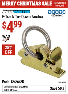 Harbor Freight Coupon HAUL-MASTER E-TRACK TIE-DOWN ANCHOR Lot No. 66728 Valid Thru: 12/26/25 - $4.99