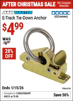 Harbor Freight Coupon HAUL-MASTER E-TRACK TIE-DOWN ANCHOR Lot No. 66728 EXPIRES: 1/15/26 - $4.99