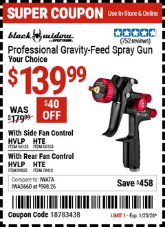 Harbor Freight Coupon BLACK WIDOW BY SPECTRUM PROFESSIONAL GRAVITY-FEED AIR SPRAY GUN WITH FAN CONTROL Lot No. 70412/56152/56153/59825 Expired: 1/25/26 - $139.99