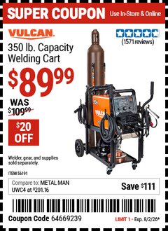 Harbor Freight Coupon VULCAN 350 LB. CAPACITY WELDING CART Lot No. 56191 Valid Thru: 8/2/26 - $89.99