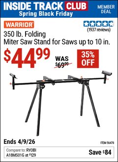 Harbor Freight ITC Coupon WARRIOR 350 LB. FOLDING MITER SAW STAND FOR SAWS UP TO 10 IN. Lot No. 56478 Expired: 4/9/26 - $44.99