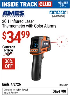 Harbor Freight Coupon AMES INSTRUMENTS 20:1 INFRARED LASER THERMOMETER WITH COLOR ALARMS Lot No. 64847 Valid: 12/31/69 - 4/2/26 - $34.99