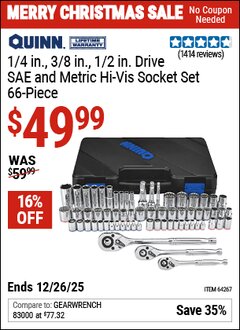 Harbor Freight Coupon QUINN 1/4 IN., 3/8 IN., AND 1/2 IN. DRIVE SAE AND METRIC HI-VIS SOCKET SET, 66-PIECE Lot No. 64267 EXPIRES: 12/26/25 - $49.99
