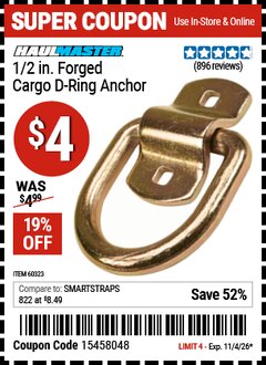 Harbor Freight Coupon HAUL-MASTER 1/2 IN. FORGED CARGO D-RING ANCHOR Lot No. 60323 Valid Thru: 11/4/26 - $4