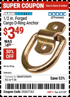 Harbor Freight Coupon HAUL-MASTER 1/2 IN. FORGED CARGO D-RING ANCHOR Lot No. 60323 Valid Thru: 6/21/26 - $3.49