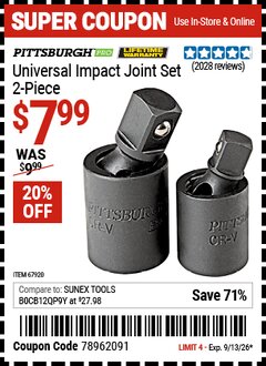 Harbor Freight Coupon PITTSBURGH PRO UNIVERSAL IMPACT JOINT SET, 2-PIECE Lot No. 67920 Valid Thru: 9/13/26 - $7.99