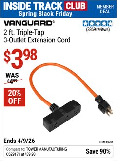 Harbor Freight ITC Coupon VANGUARD 2 FT. TRIPLE-TAP, 3-OUTLET EXTENSION CORD Lot No. 56764/61998 Expired: 4/9/26 - $3.98
