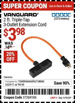 Harbor Freight Coupon VANGUARD 2 FT. TRIPLE-TAP, 3-OUTLET EXTENSION CORD Lot No. 56764/61998 Expired: 4/19/26 - $3.98