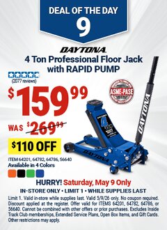 Harbor Freight Coupon DAYTONA 4 TON PROFESSIONAL FLOOR JACK WITH RAPID PUMP Lot No. 56640/64201/64782/64786 Expired: 5/9/26 - $159.99