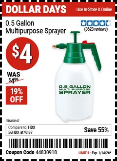 Harbor Freight Coupon 0.5 GALLON MULTIPURPOSE SPRAYER Lot No. 56167 EXPIRES: 1/14/26 - $4