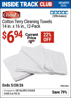 Harbor Freight ITC Coupon GRANT'S COTTON TERRY CLEANING TOWELS 14 IN. X 16 IN., 12-PACK Lot No. 63364 Expired: 5/28/26 - $6.94