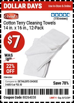 Harbor Freight Coupon GRANT'S COTTON TERRY CLEANING TOWELS 14 IN. X 16 IN., 12-PACK Lot No. 63364 Expired: 8/12/26 - $7
