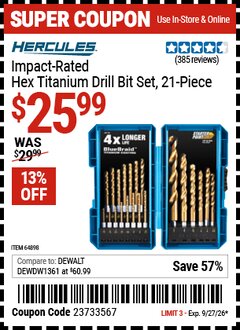 Harbor Freight Coupon HERCULES IMPACT-RATED HEX TITANIUM DRILL BIT SET, 21-PIECE Lot No. 64898 Expired: 9/27/26 - $25.99