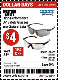 Harbor Freight Coupon WESTERN SAFETY HIGH-PERFORMANCE UV SAFETY GLASSES Lot No. 98365/98366 Expired: 8/26/26 - $4