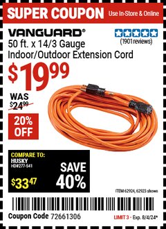 Harbor Freight Coupon VANGUARD 50 FT X 14 GAUGE OUTDOOR EXTENSION CORD Lot No. 41447/62924/62925/62923 Expired: 8/4/24 - $19.99