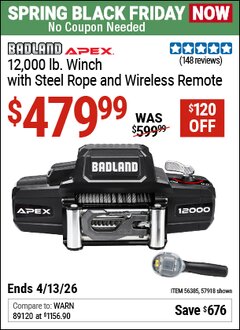 Harbor Freight Coupon BADLAND APEX 12,000 LB. WINCH WITH SYNTHETIC ROPE AND WIRELESS REMOTE Lot No. 56385 Expired: 4/12/26 - $479.99