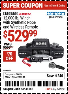 Harbor Freight Coupon BADLAND APEX 12,000 LB. WINCH WITH SYNTHETIC ROPE AND WIRELESS REMOTE Lot No. 56385 Valid Thru: 5/10/26 - $529.99