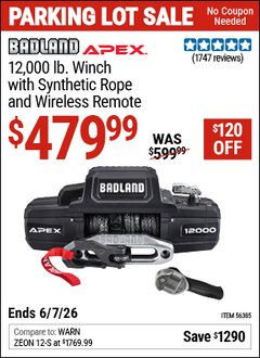 Harbor Freight Coupon BADLAND APEX 12,000 LB. WINCH WITH SYNTHETIC ROPE AND WIRELESS REMOTE Lot No. 56385 Valid Thru: 6/7/26 - $479.99