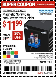 Harbor Freight Coupon U.S. GENERAL MAGNETIC SPRAY CAN AND SCREWDRIVER HOLDER Lot No. 56450/56451/56452/56453/57281/64643/69320/72310 EXPIRES: 1/19/26 - $11.99