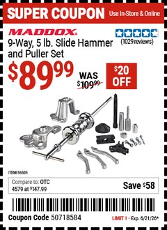 Harbor Freight Coupon MADDOX 9-WAY, 5 LB. SLIDE HAMMER AND PULLER SET Lot No. 56505 Valid Thru: 6/21/26 - $89.99