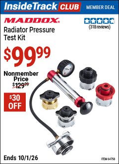 Harbor Freight Coupon MADDOX RADIATOR PRESSURE TEST KIT Lot No. 64758 Valid: 12/31/69 - 10/1/26 - $99.99