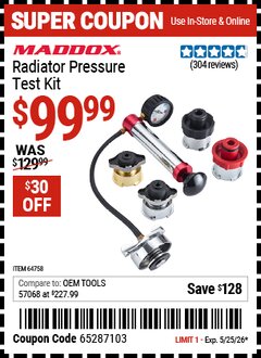 Harbor Freight Coupon MADDOX RADIATOR PRESSURE TEST KIT Lot No. 64758 Expired: 5/25/26 - $99.99