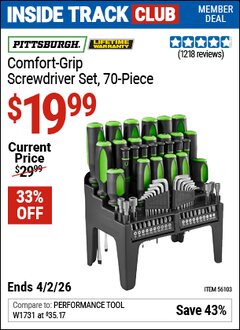 Harbor Freight Coupon PITTSBURGH COMFORT-GRIP SCREWDRIVER SET, 70-PIECE Lot No. 56103 Valid: 12/31/69 - 4/2/26 - $19.99