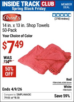 Harbor Freight ITC Coupon SHOP TOWELS, 14 IN. X 13 IN., 50-PACK Lot No. 56325/63365/63360 Expired: 4/9/26 - $7.49