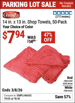 Harbor Freight Coupon SHOP TOWELS, 14 IN. X 13 IN., 50-PACK Lot No. 56325/63365/63360 Expired: 3/8/26 - $7.94