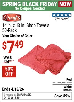 Harbor Freight Coupon SHOP TOWELS, 14 IN. X 13 IN., 50-PACK Lot No. 56325/63365/63360 Expired: 4/12/26 - $7.49