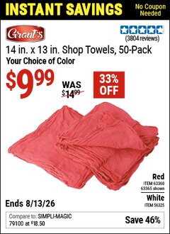 Harbor Freight Coupon SHOP TOWELS, 14 IN. X 13 IN., 50-PACK Lot No. 56325/63365/63360 Valid Thru: 6/13/26 - $9.99