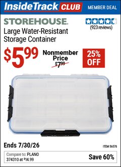 Harbor Freight ITC Coupon STOREHOUSE LARGE WATER-RESISTANT STORAGE CONTAINER Lot No. 56578 Dates Valid: 12/31/69 - 7/30/26 - $5.99