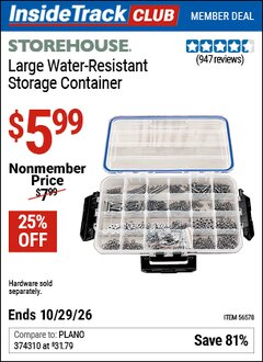 Harbor Freight ITC Coupon STOREHOUSE LARGE WATER-RESISTANT STORAGE CONTAINER Lot No. 56578 Dates Valid: 12/31/69 - 10/29/26 - $5.99