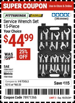 Harbor Freight Coupon PITTSBURGH SERVICE WRENCH SET, 15-PIECE Lot No. 93667/93668 EXPIRES: 10/25/26 - $44.99